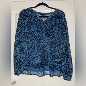 Zac & Rachel Blue and Black Patterned Lightweught Sheer Blouse Large